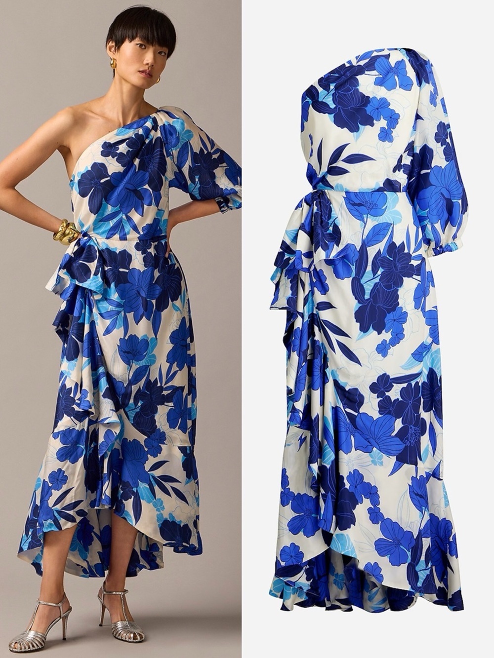 J Crew Collection • One-Shoulder Ruffle-Hem Dress in Painted Floral Print blue
